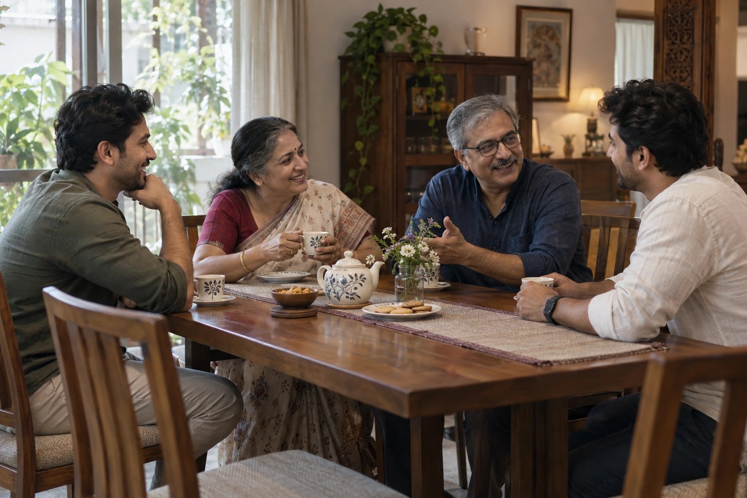 Illustrative family sharing a conversation at home