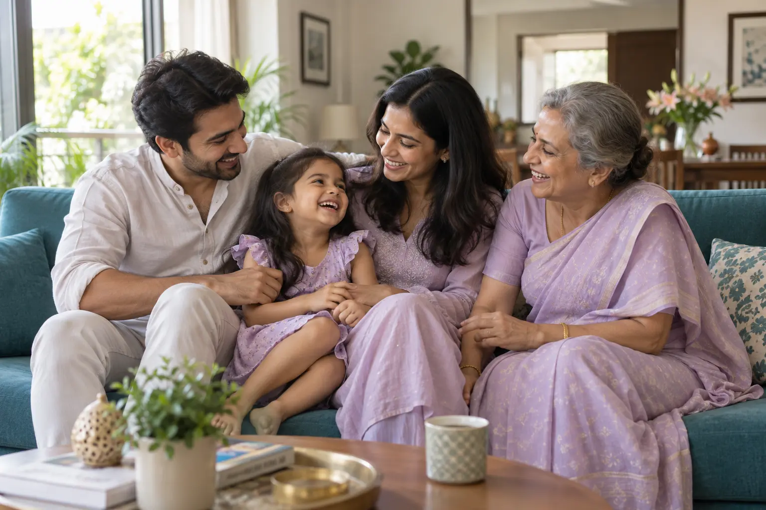 Illustrative family portrait of three generations together