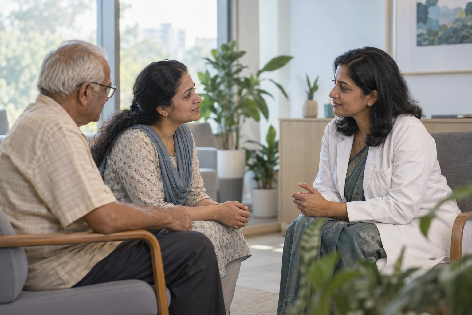 Illustrative consultation with a doctor, an adult daughter and her father