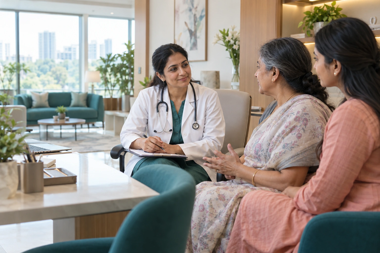 Illustrative scene of a doctor listening to a woman and her daughter