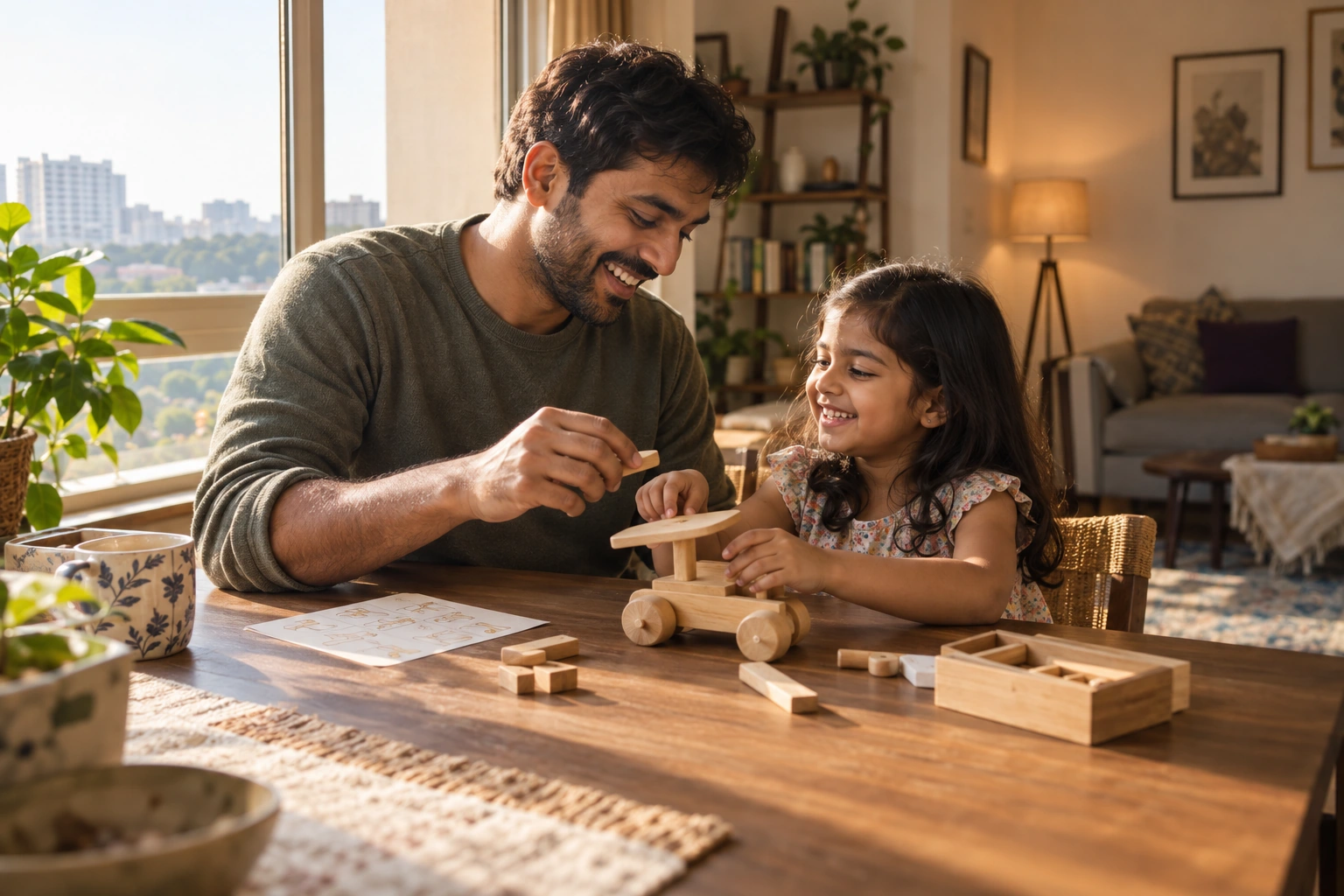Illustrative father and daughter making a toy together at home