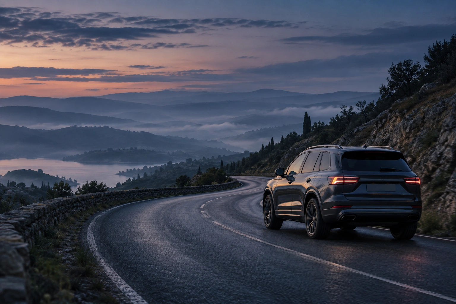 Illustrative SUV on a quiet road through rolling hills