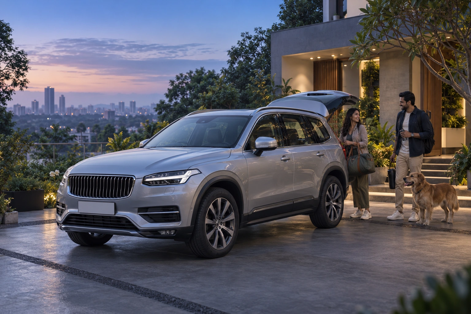 Illustrative scene of a couple beside an SUV before a journey